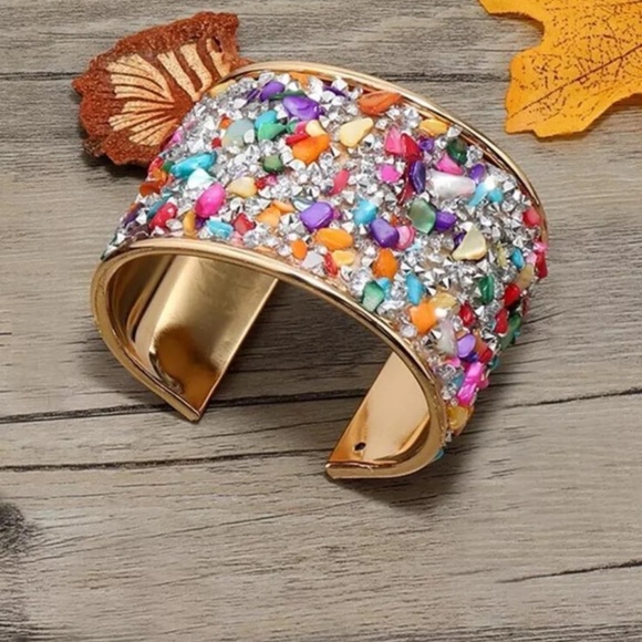 NEW Boho Colorful Stone Rhinestone Inlaid Cuff Bangle Bracelet - Picture 3 of 4
